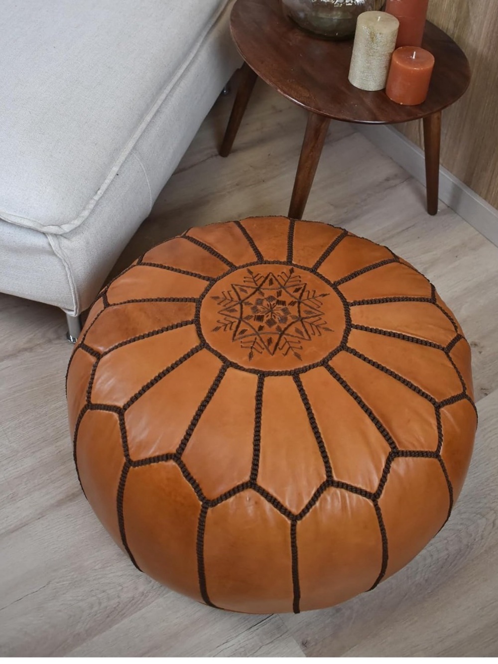 Tan Leather Moroccan Pouf Ottoman -